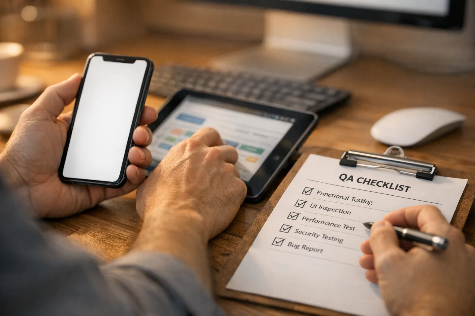 QA engineer testing on iPhone and iPad with a migration checklist