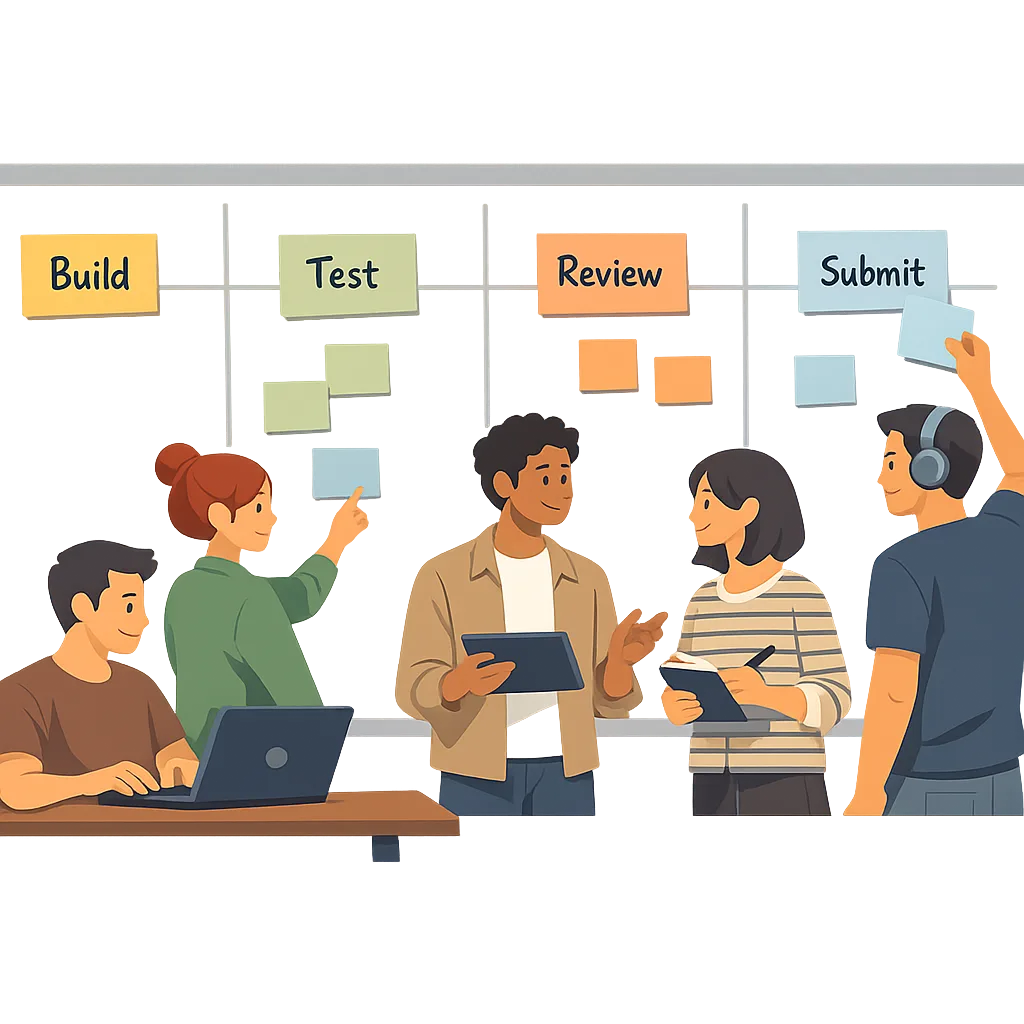 Illustration of a release Kanban board showing build, test, review, submit