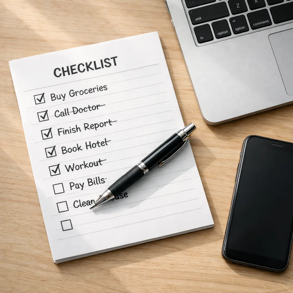 Printed upgrade checklist next to laptop and iPhone