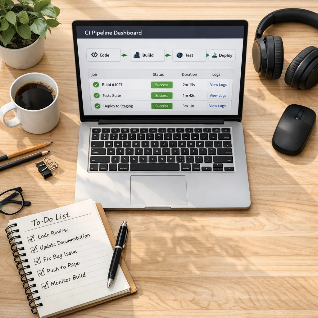 Developer desk with CI dashboard and migration checklist