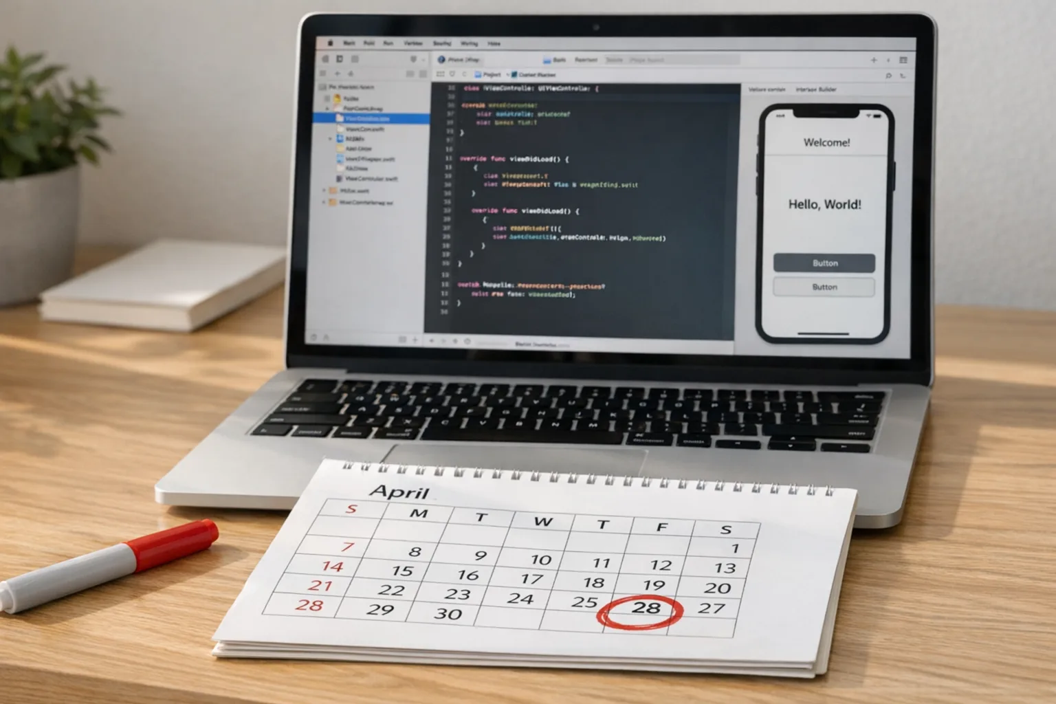 Developer desk with Xcode open and April 28 circled on a calendar