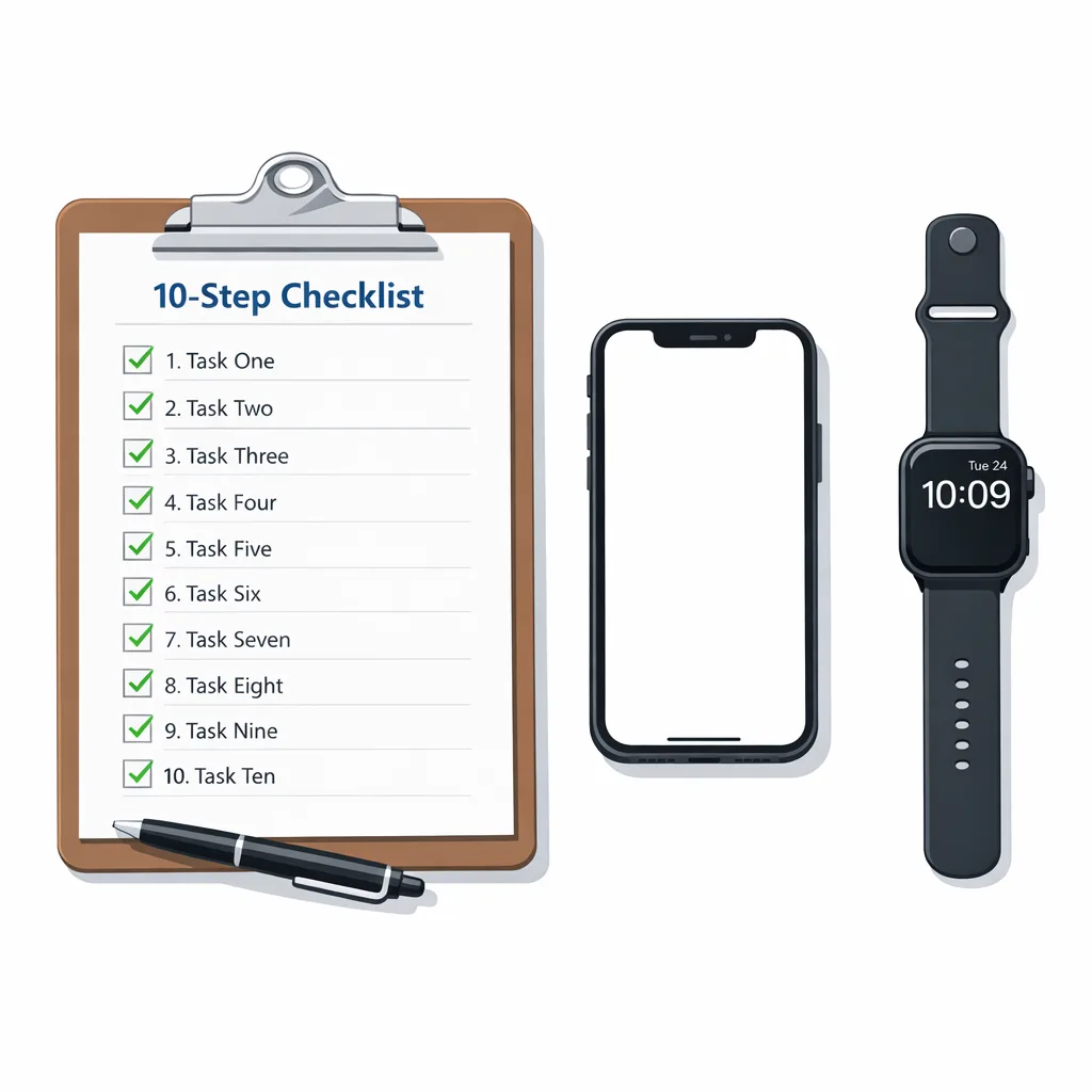 Illustration of a 10-step submission checklist next to iPhone and Apple Watch