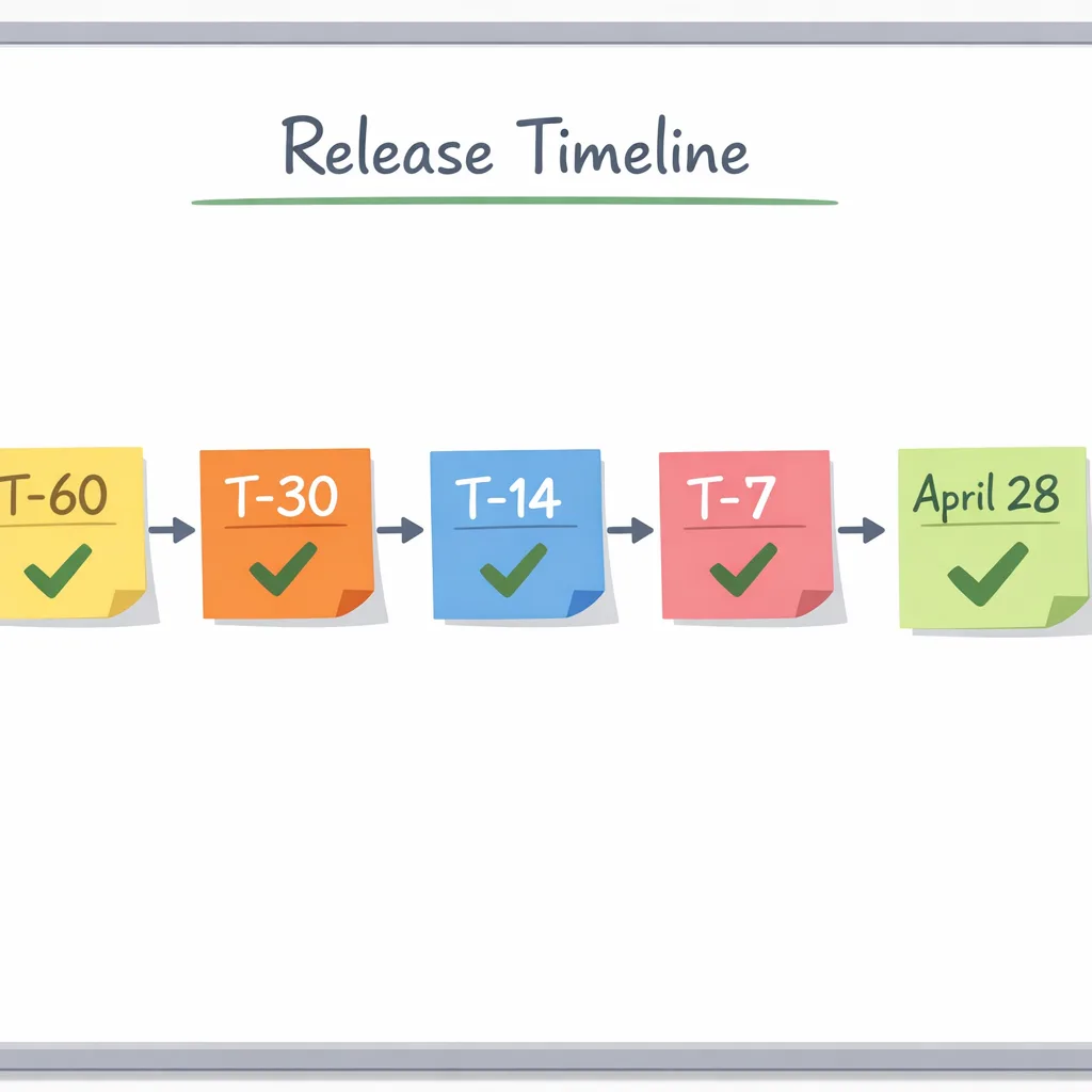 Illustration of a software release timeline leading up to the April 28 cutover