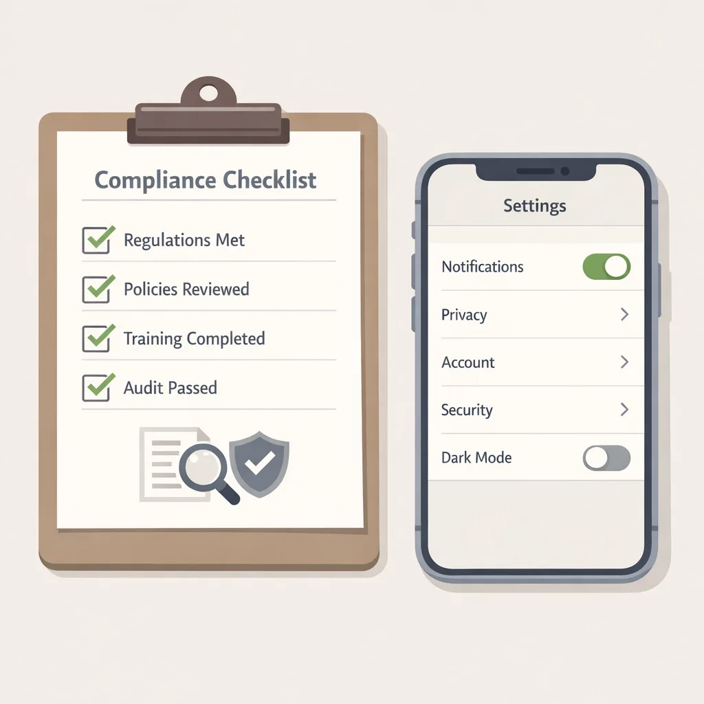 Illustration of an app compliance checklist next to an iPhone