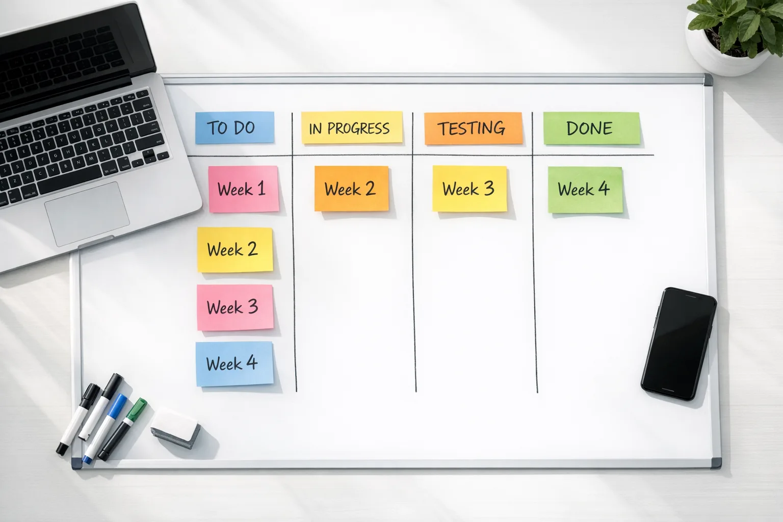 Four‑week release plan on a Kanban board
