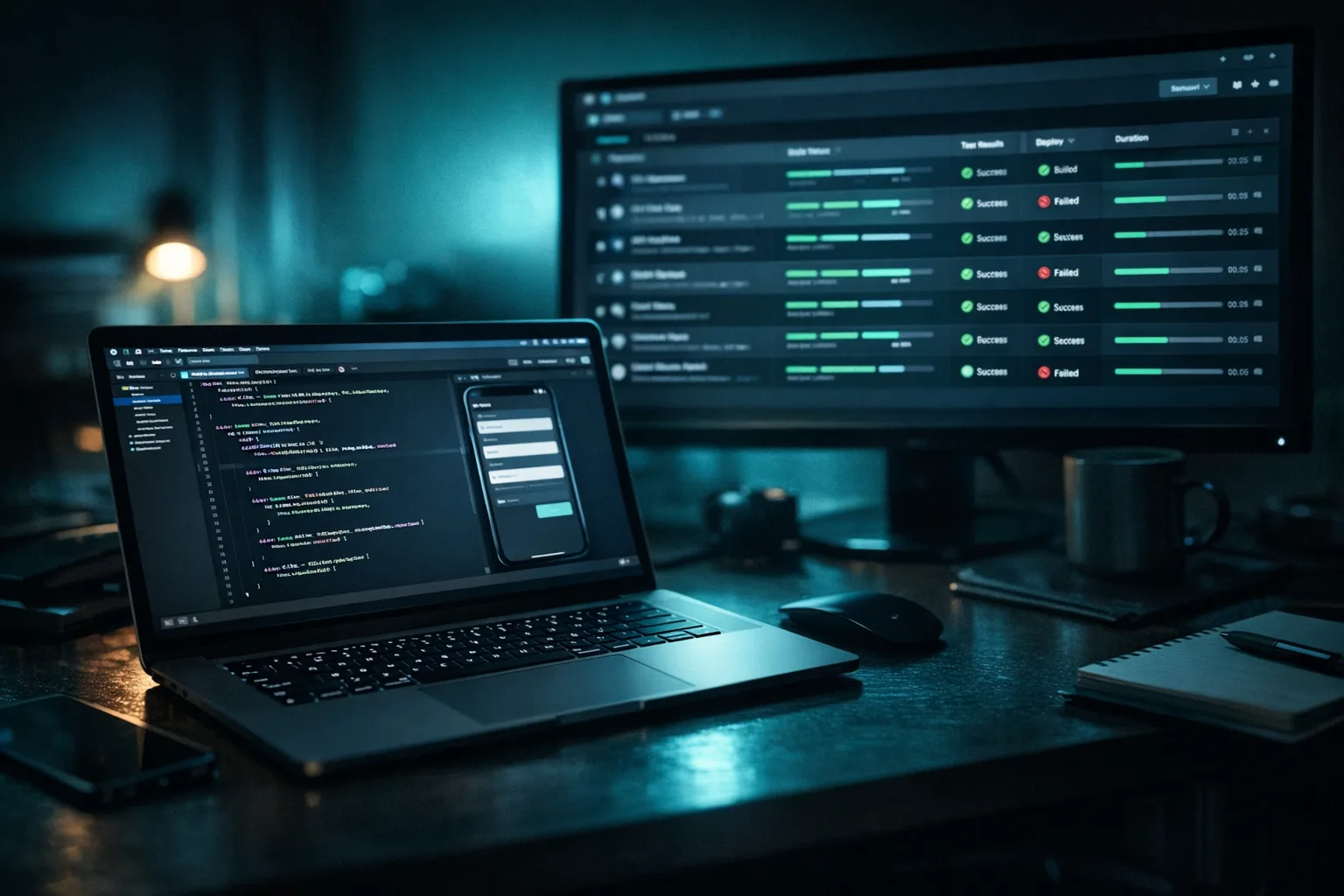 Developer workspace with Xcode and CI dashboard during a migration sprint