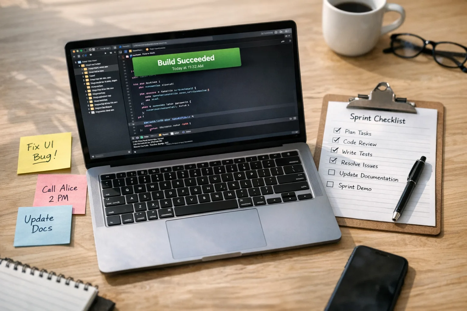Mac running Xcode with build succeeded and migration checklist on desk