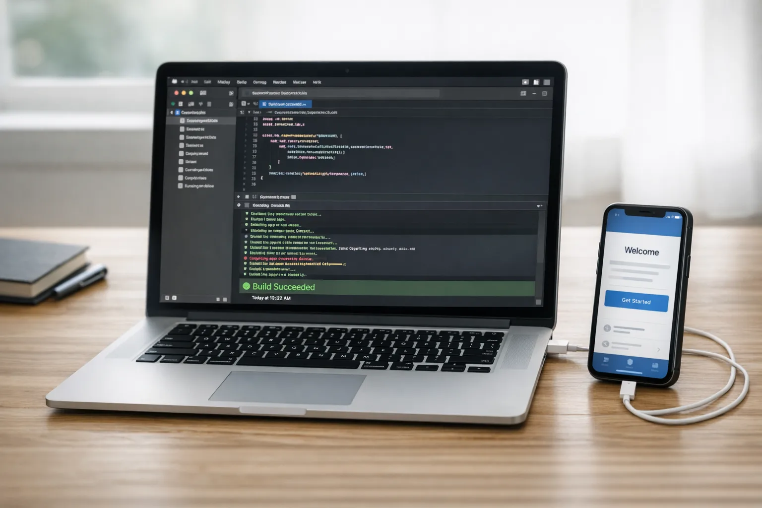 Developer Mac running Xcode with connected iPhone during a test build