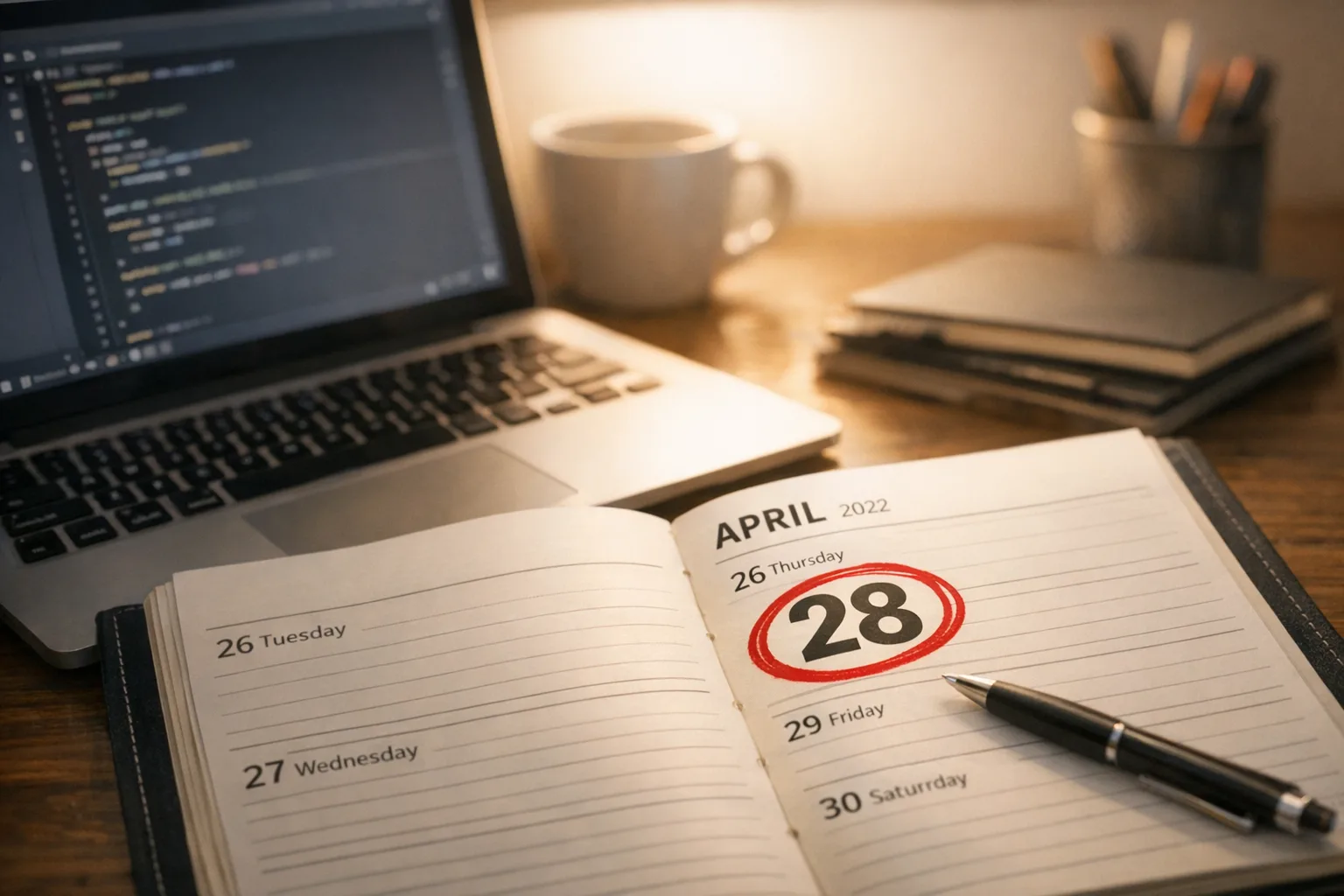 Calendar with April 28 circled next to laptop coding scene