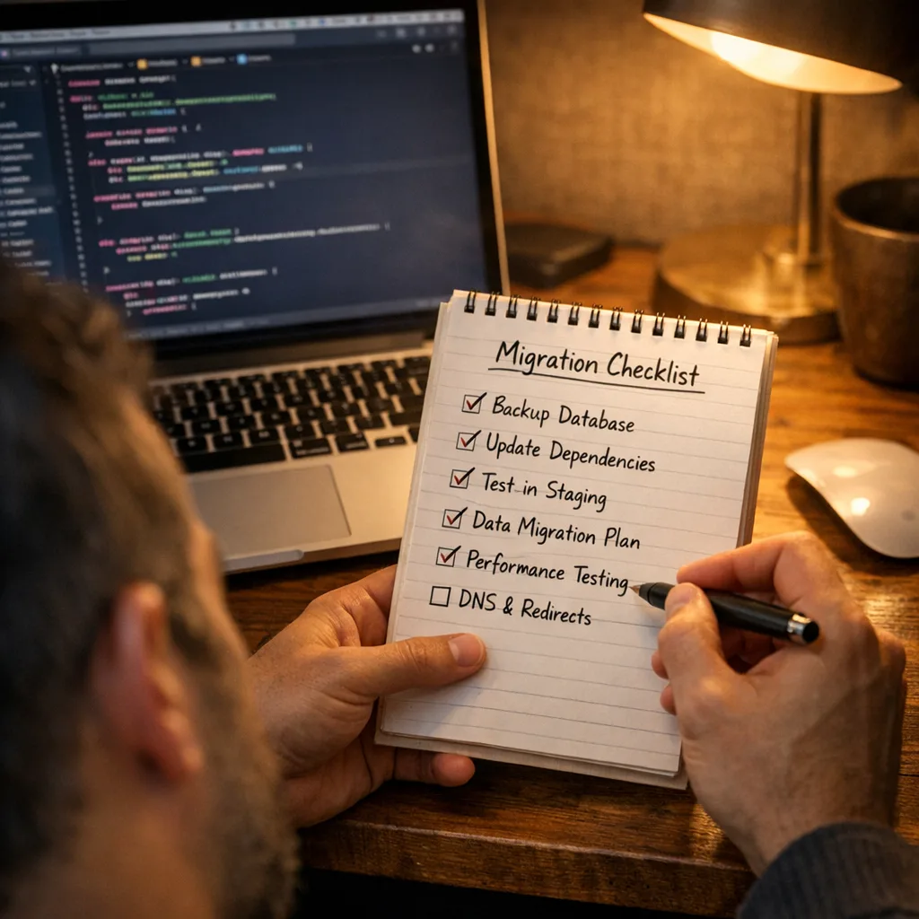 Developer reviewing a migration checklist next to Xcode