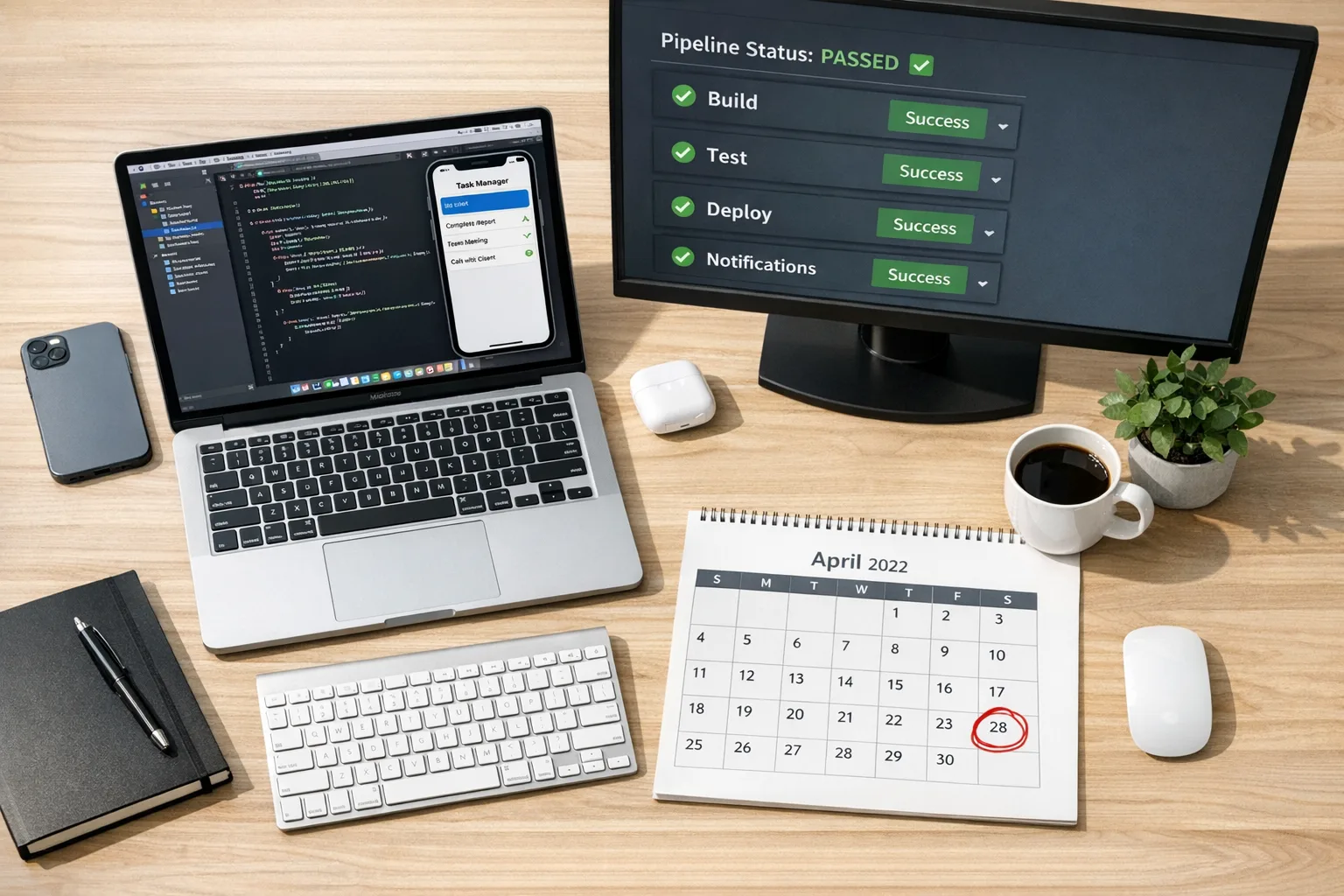 Developer desk with Xcode and April 28 highlighted