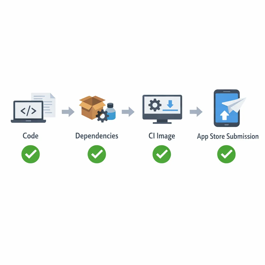 Illustration of a mobile CI/CD pipeline stages with checks