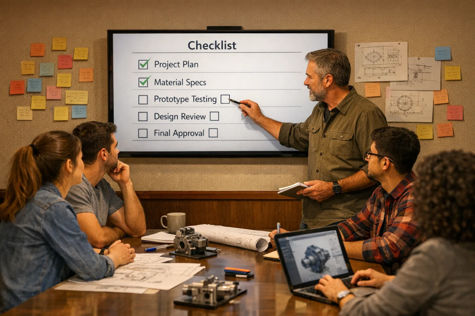 Engineering team reviewing an upgrade checklist on screen