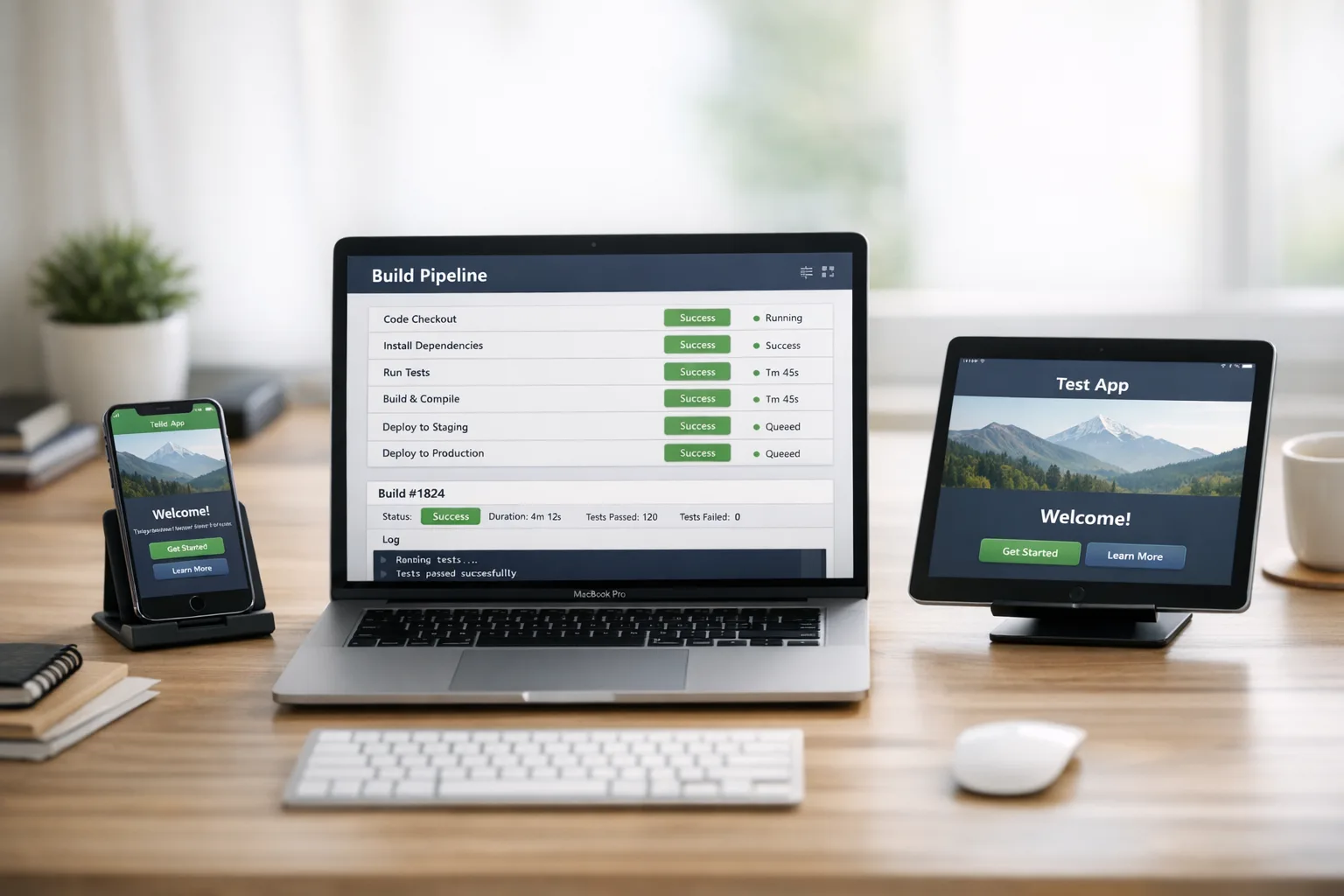 Modern iOS development desk with devices and CI dashboard
