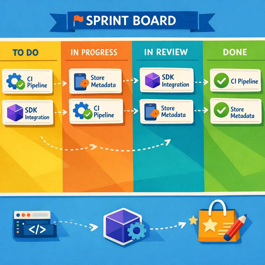 Illustration of a sprint board showing SDK upgrade tasks moving to done