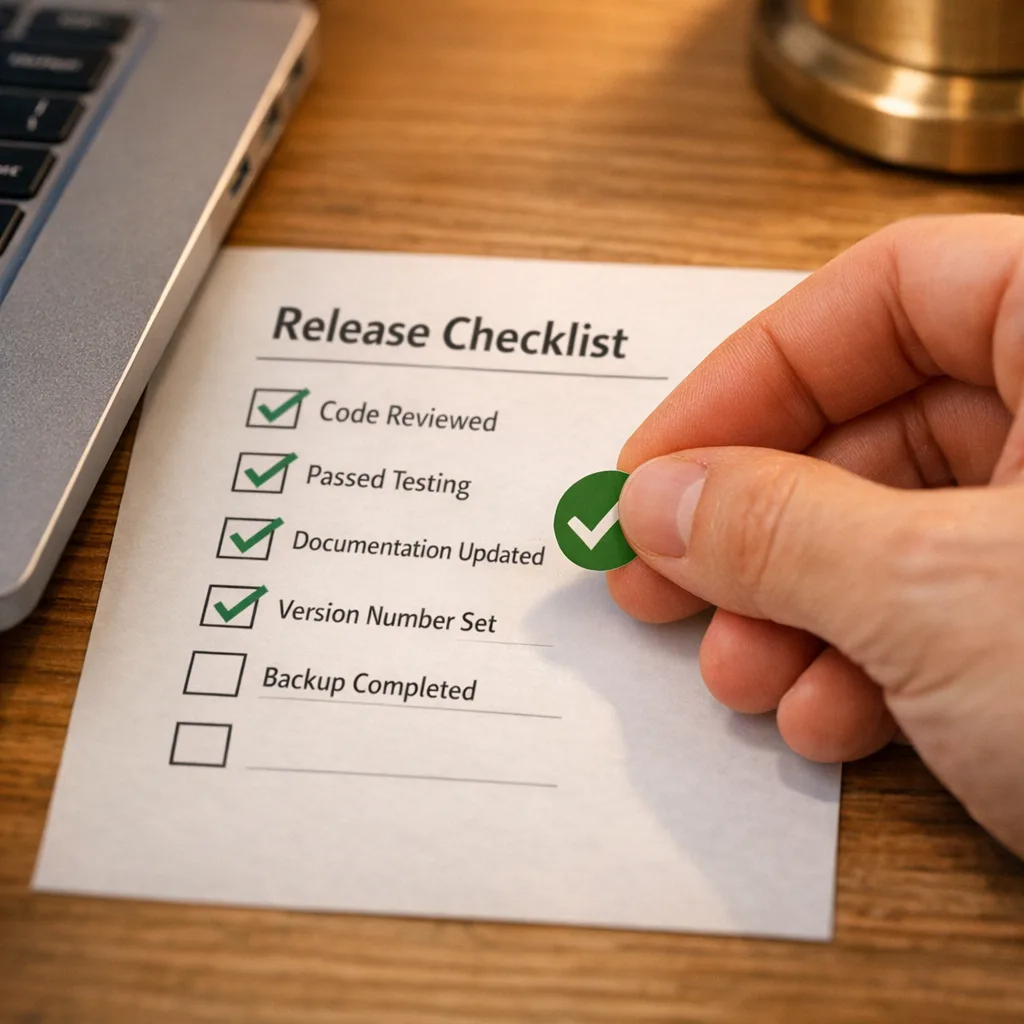 Green check on a printed SDK upgrade checklist next to a laptop