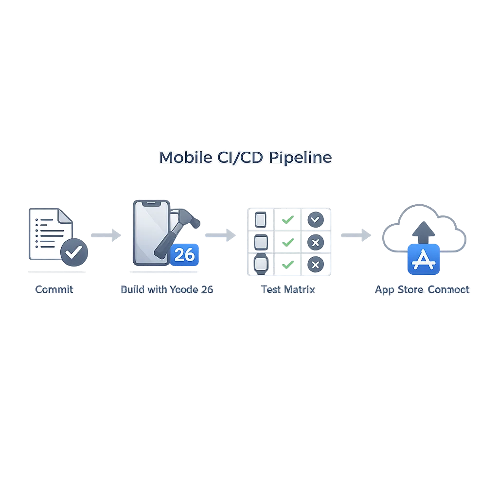 CI/CD pipeline diagram highlighting Xcode 26 build and App Store Connect upload