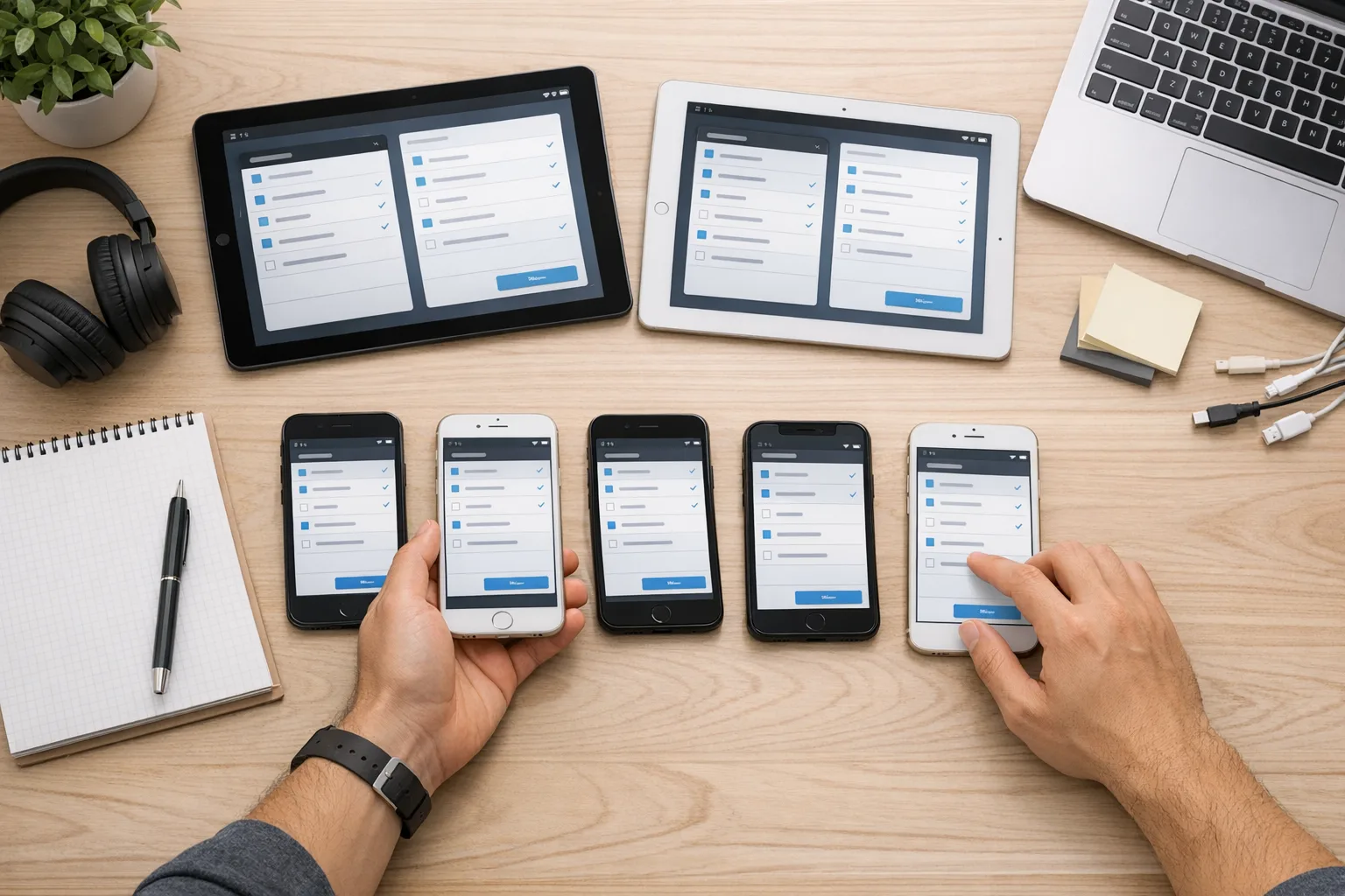QA engineer testing an app on multiple Apple devices during release candidate validation