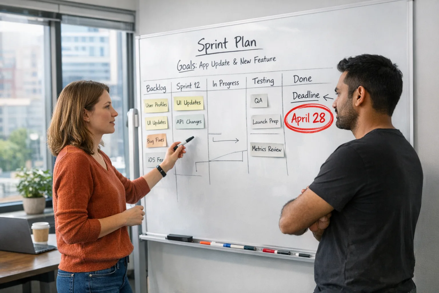 Team reviewing an April 28 Xcode 26 deadline plan on a whiteboard