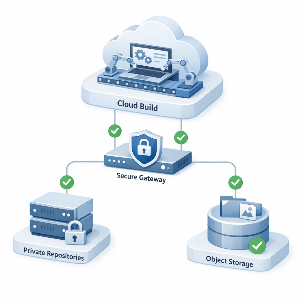 Isometric CI/CD diagram showing verified connectivity to private services