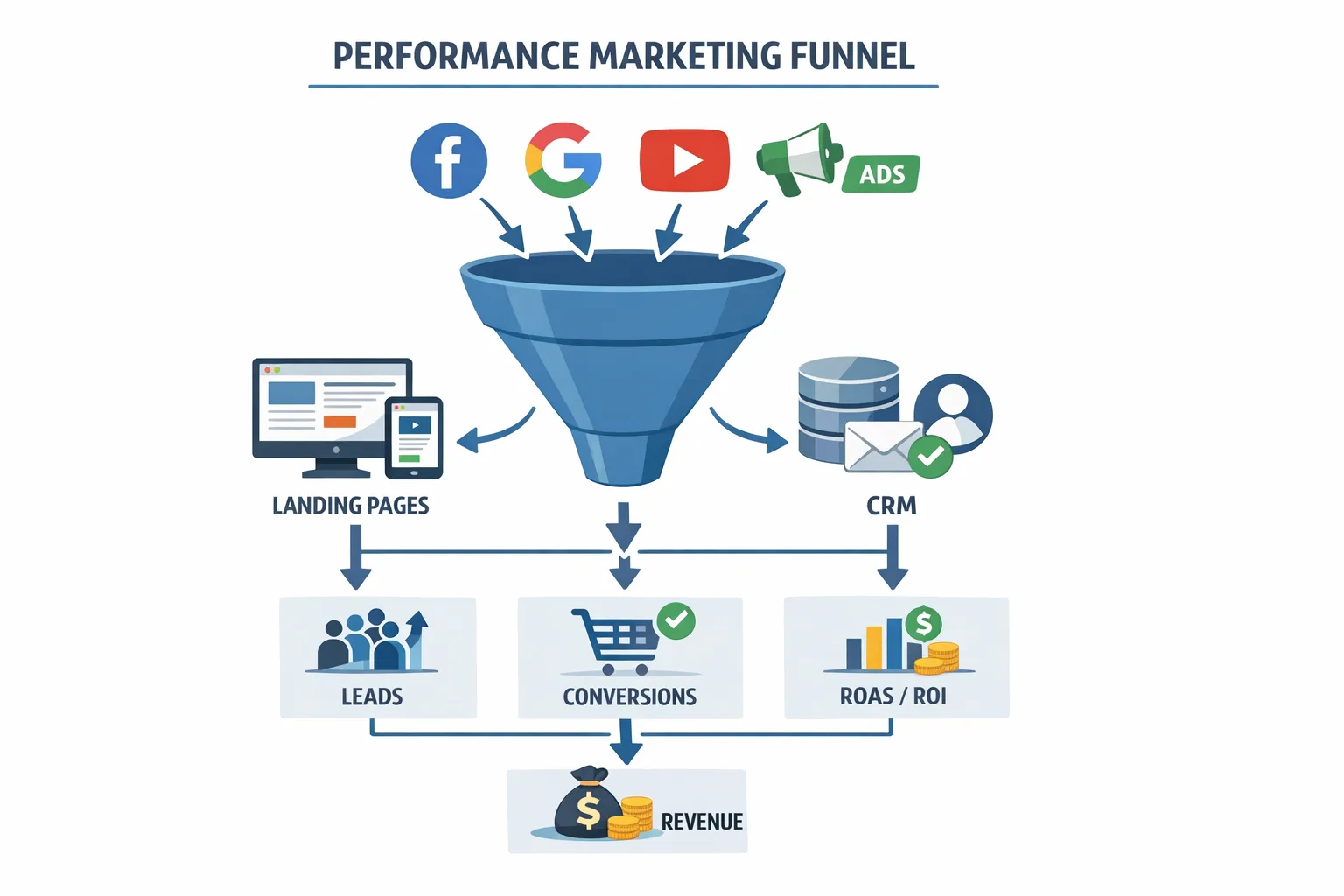 Diagram of performance advertising funnel from ads to revenue