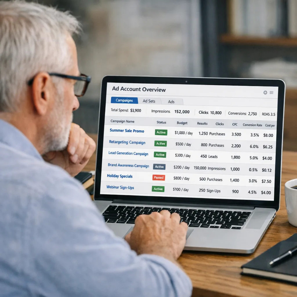 Marketer reviewing paid advertising account structure and performance