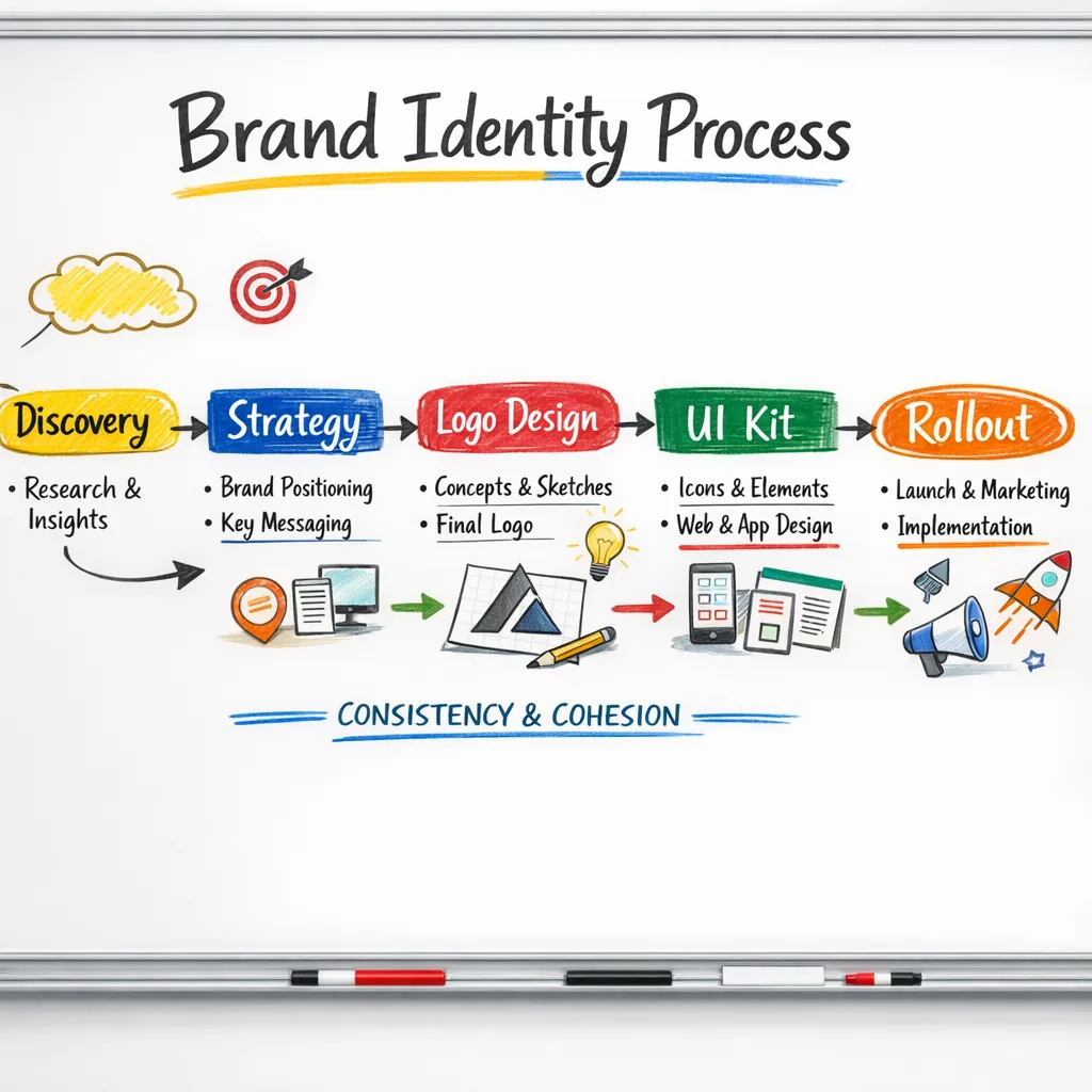 Brand identity design process mapped on a whiteboard