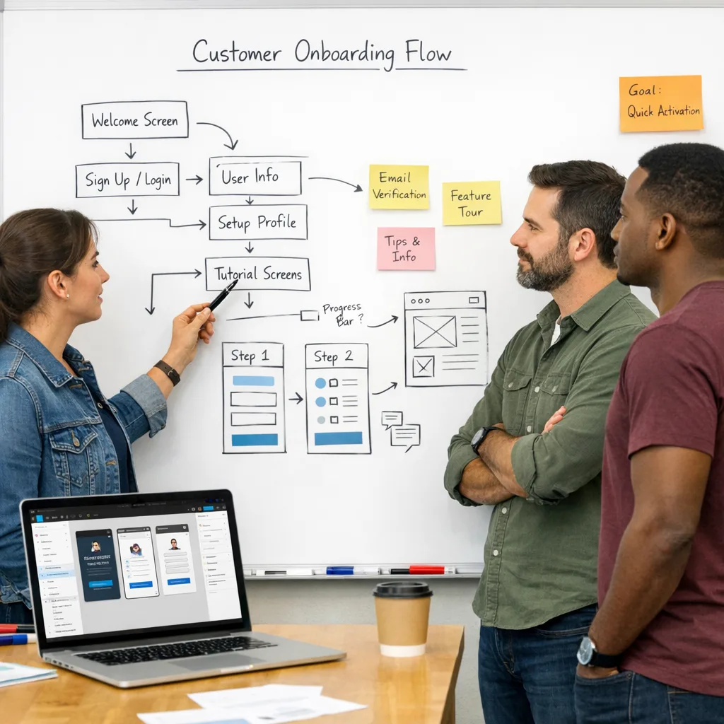 Design team reviewing product signup flow and user journey