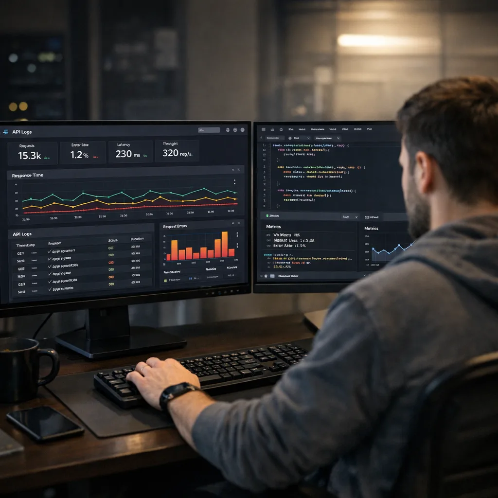 Developer reviewing API logs and monitoring dashboards