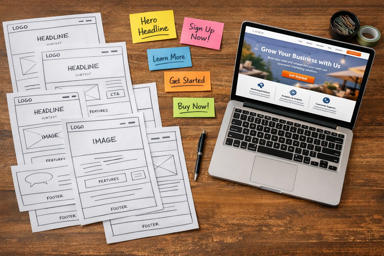 Landing page wireframes and mockups for a marketing campaign