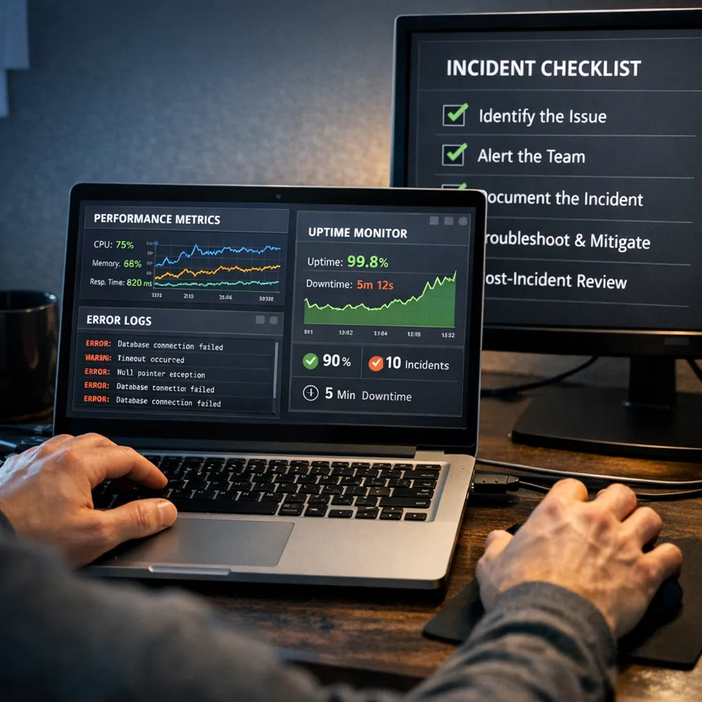 Developer reviewing website performance metrics and error logs