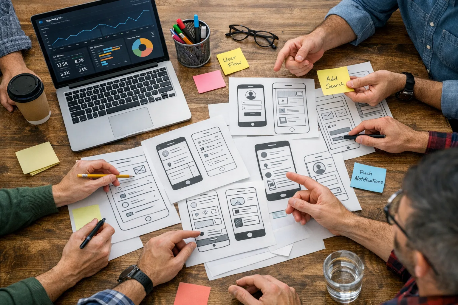 Team reviewing mobile app flows and analytics