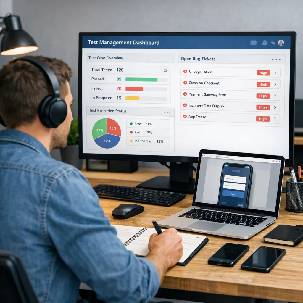 QA engineer reviewing software test results dashboard
