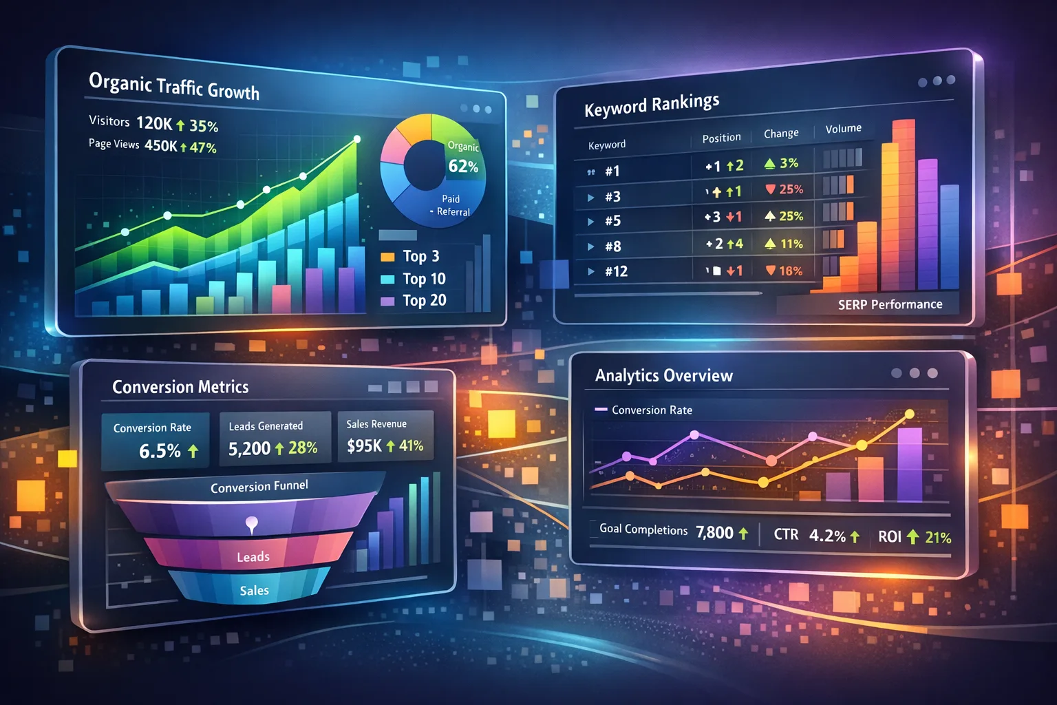 SEO dashboard visualizing traffic, rankings, and conversions