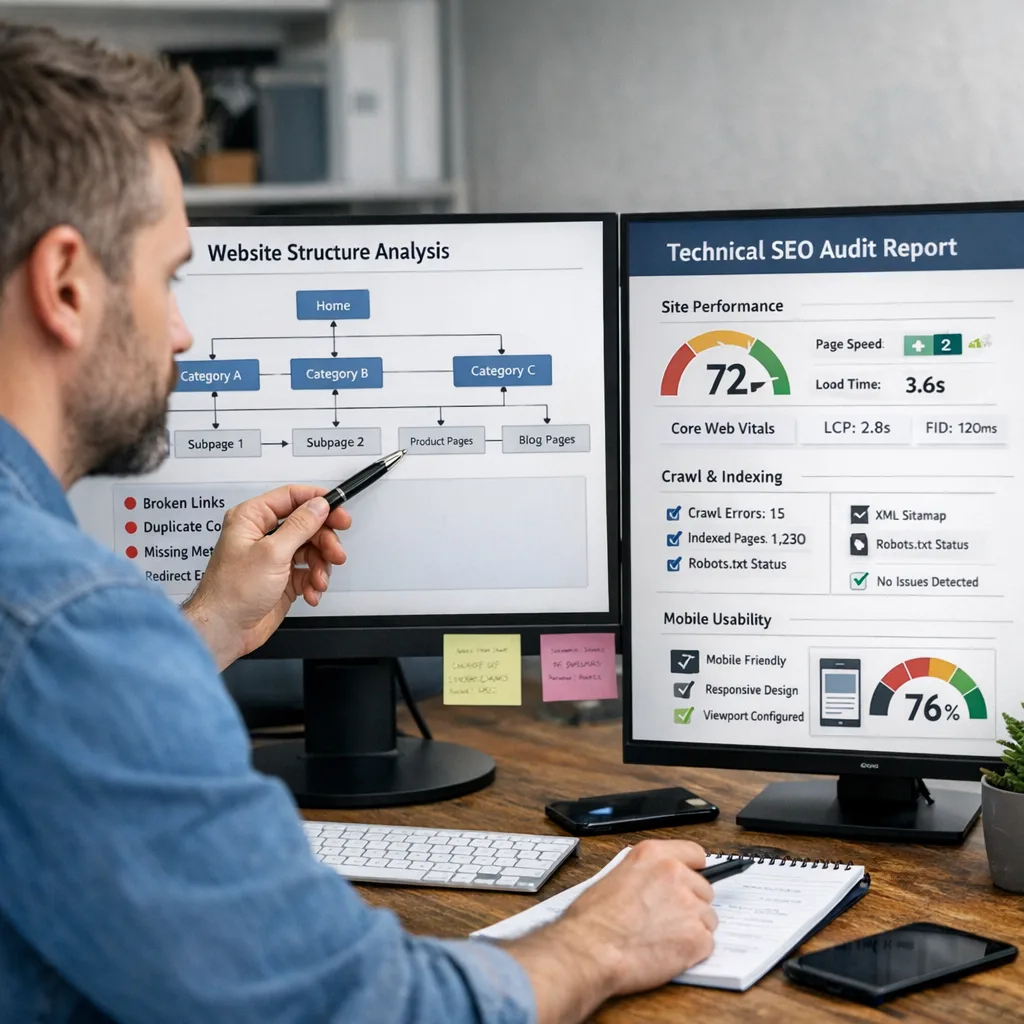 SEO specialist reviewing a technical SEO audit report