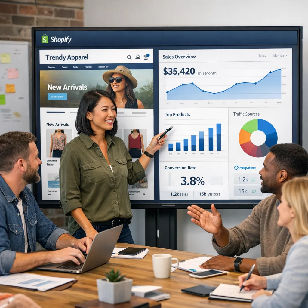 Team reviewing Shopify UX and analytics for an ecommerce brand