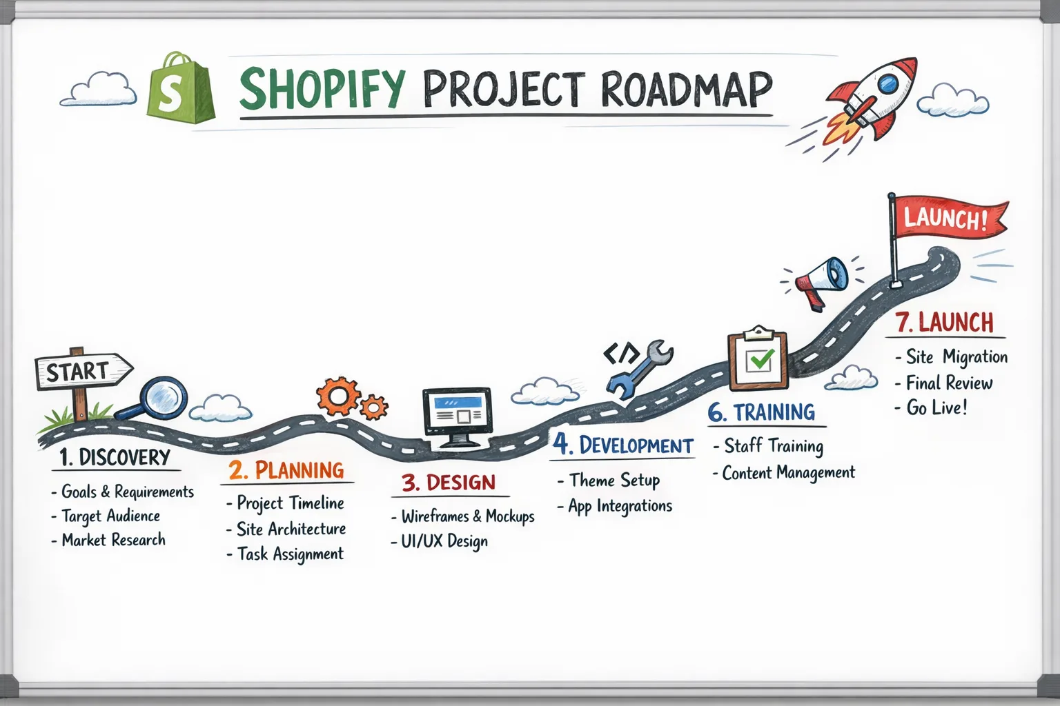 Roadmap for a Shopify development project from discovery to launch