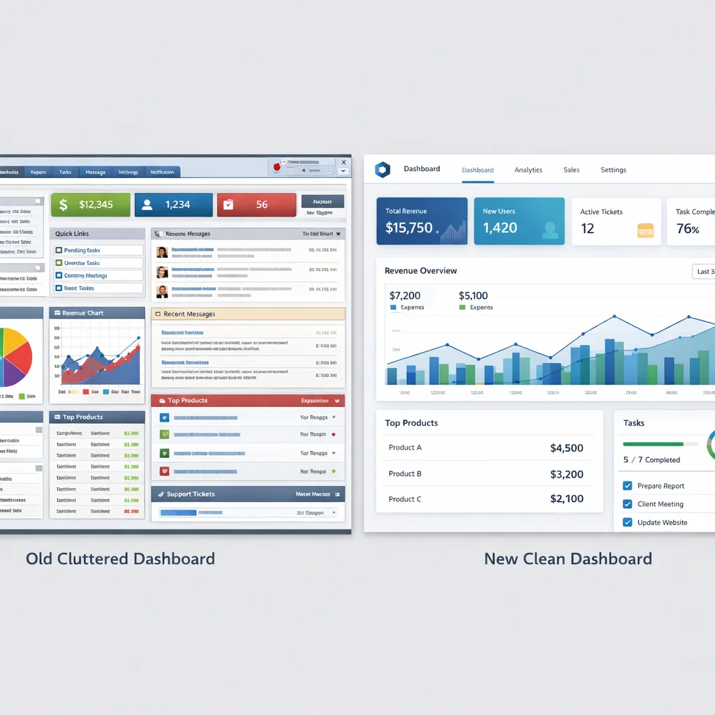 Before and after comparison of a complex dashboard redesign