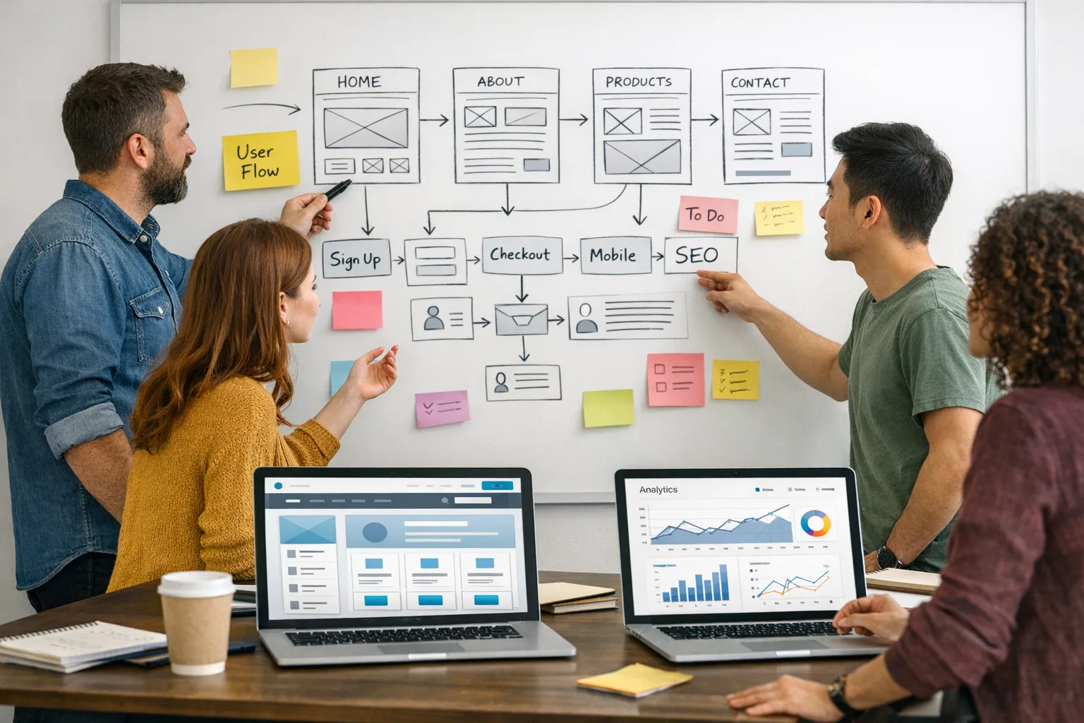 Web development team planning user journeys and architecture