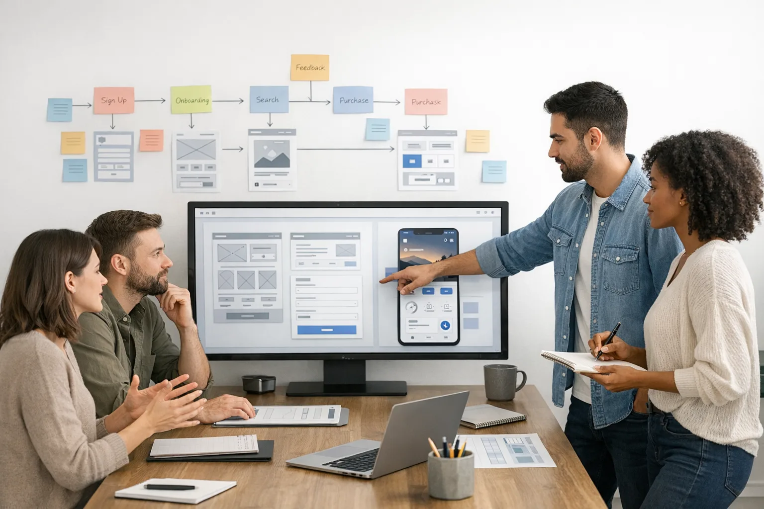 Team reviewing website wireframes and user journeys