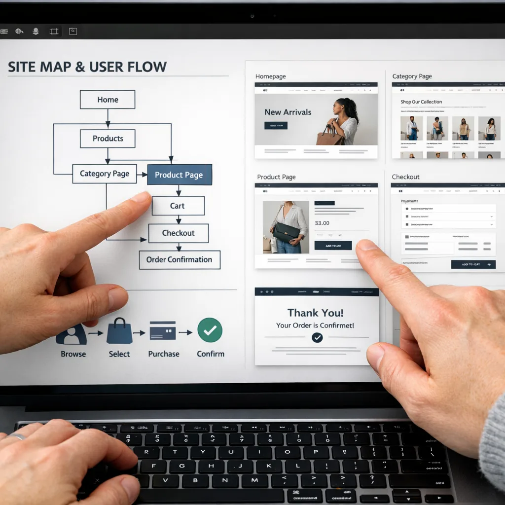 Website sitemap and user flow mapped alongside UI designs