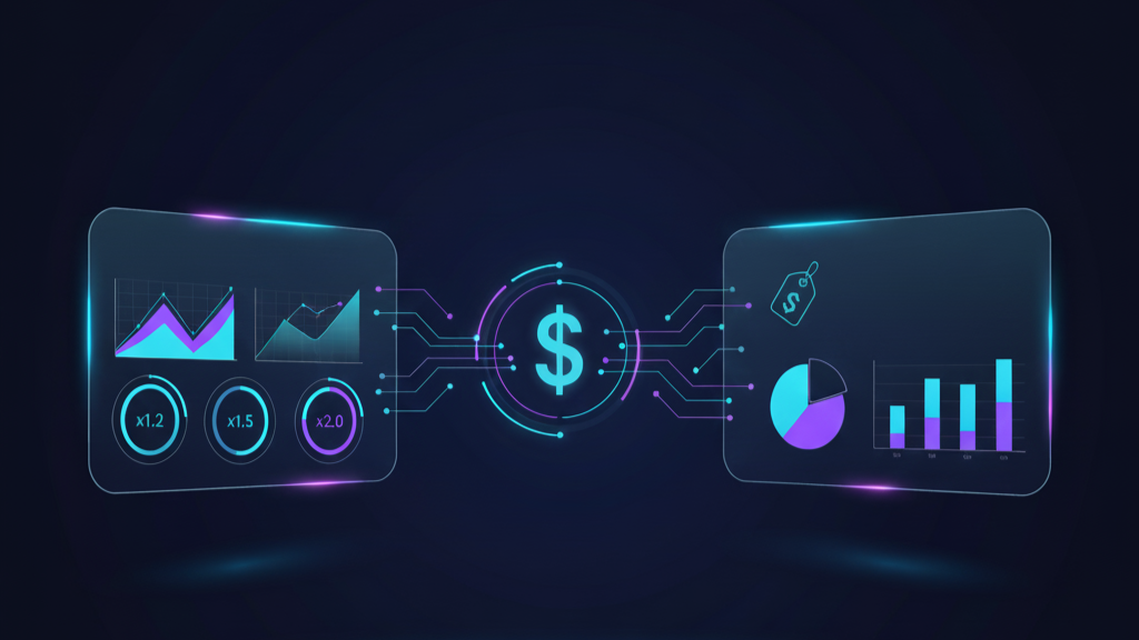 Illustration of an enterprise dashboard with Copilot budget and policy toggles