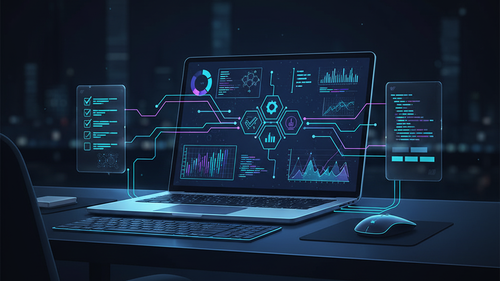 Developer desk with CI checklist and YAML on laptop