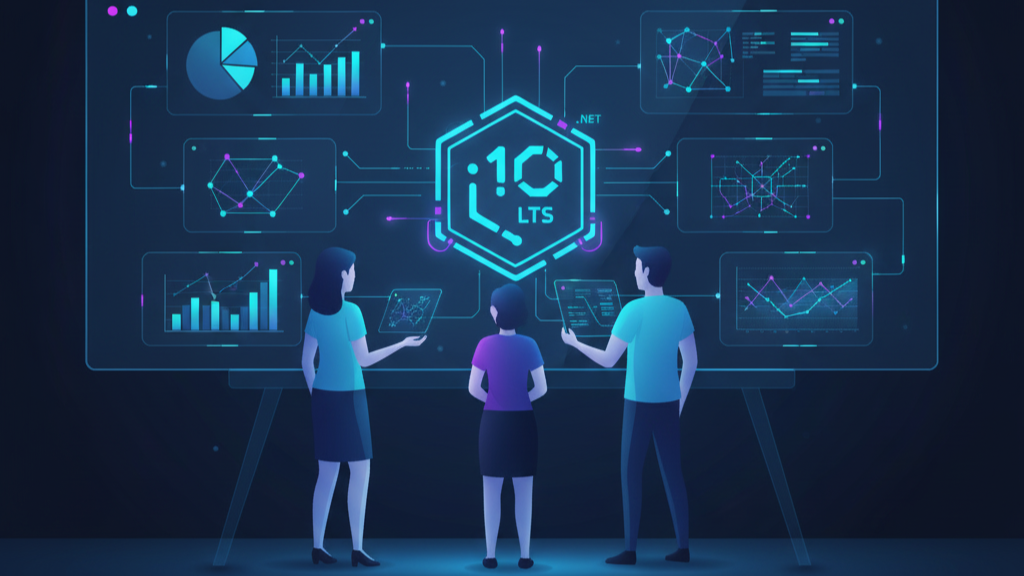 Team planning a .NET 10 LTS upgrade on a whiteboard