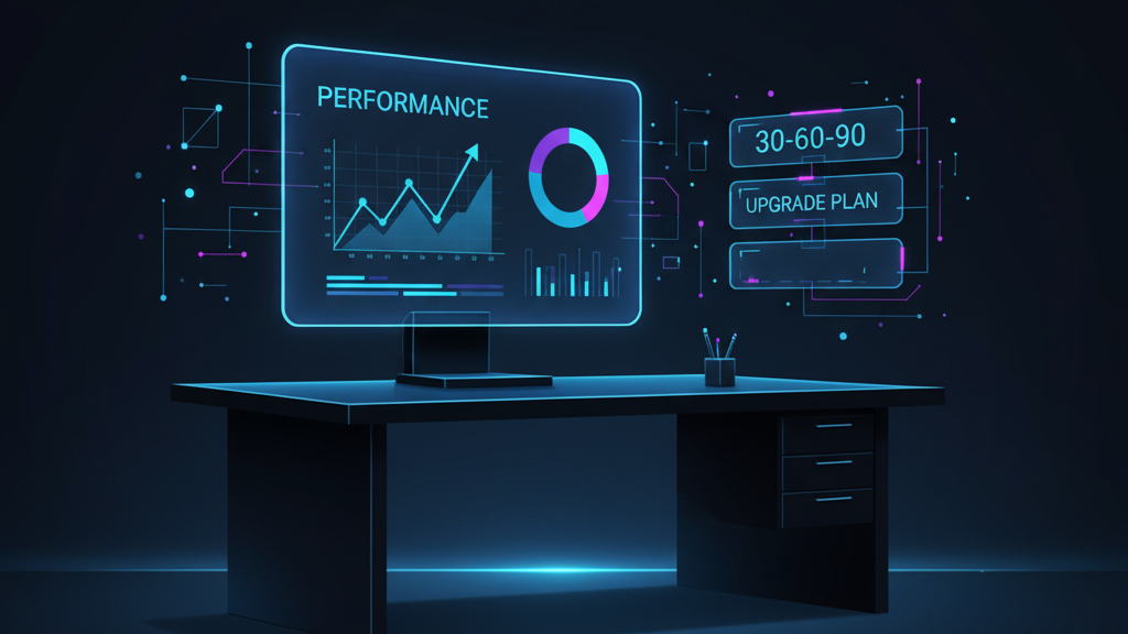Developer desk with performance charts and a 30‑60‑90 upgrade plan