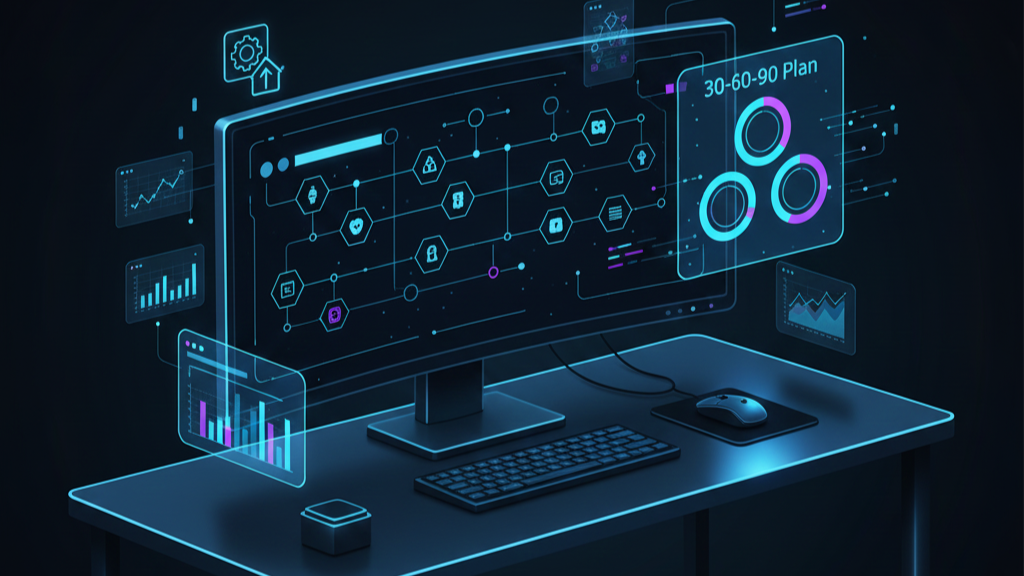 Developer desk with CI pipeline and 30&ndash;60&ndash;90 plan