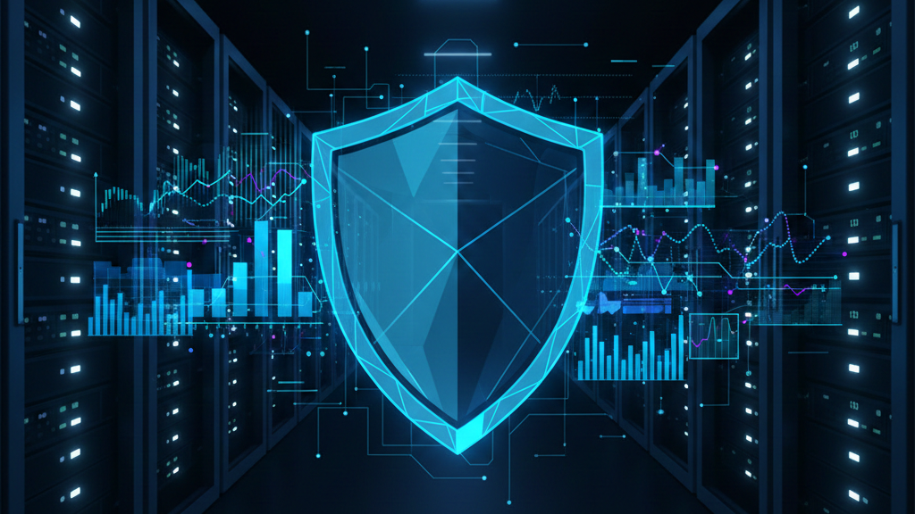 Server corridor with abstract security shield and logs