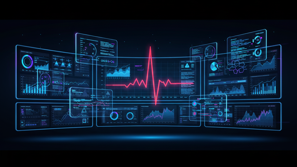 Network operations center monitors showing a spike during an outage