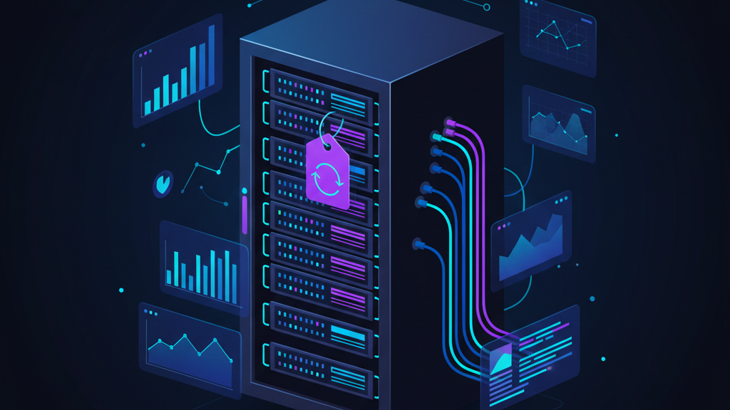 Server rack with cables and a 'rollback' tag