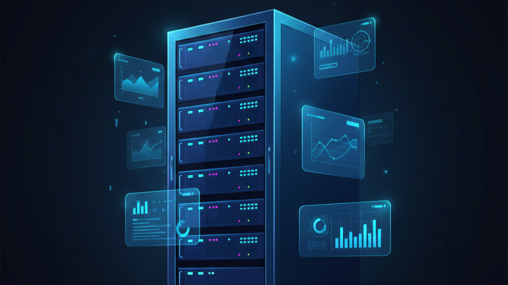 Server rack with network activity lights in cool lighting